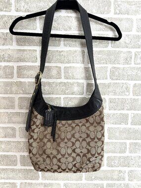 Coach Signature Brown Monogram Shoulder Bag Brown Leather Trim Small Hobo Purse